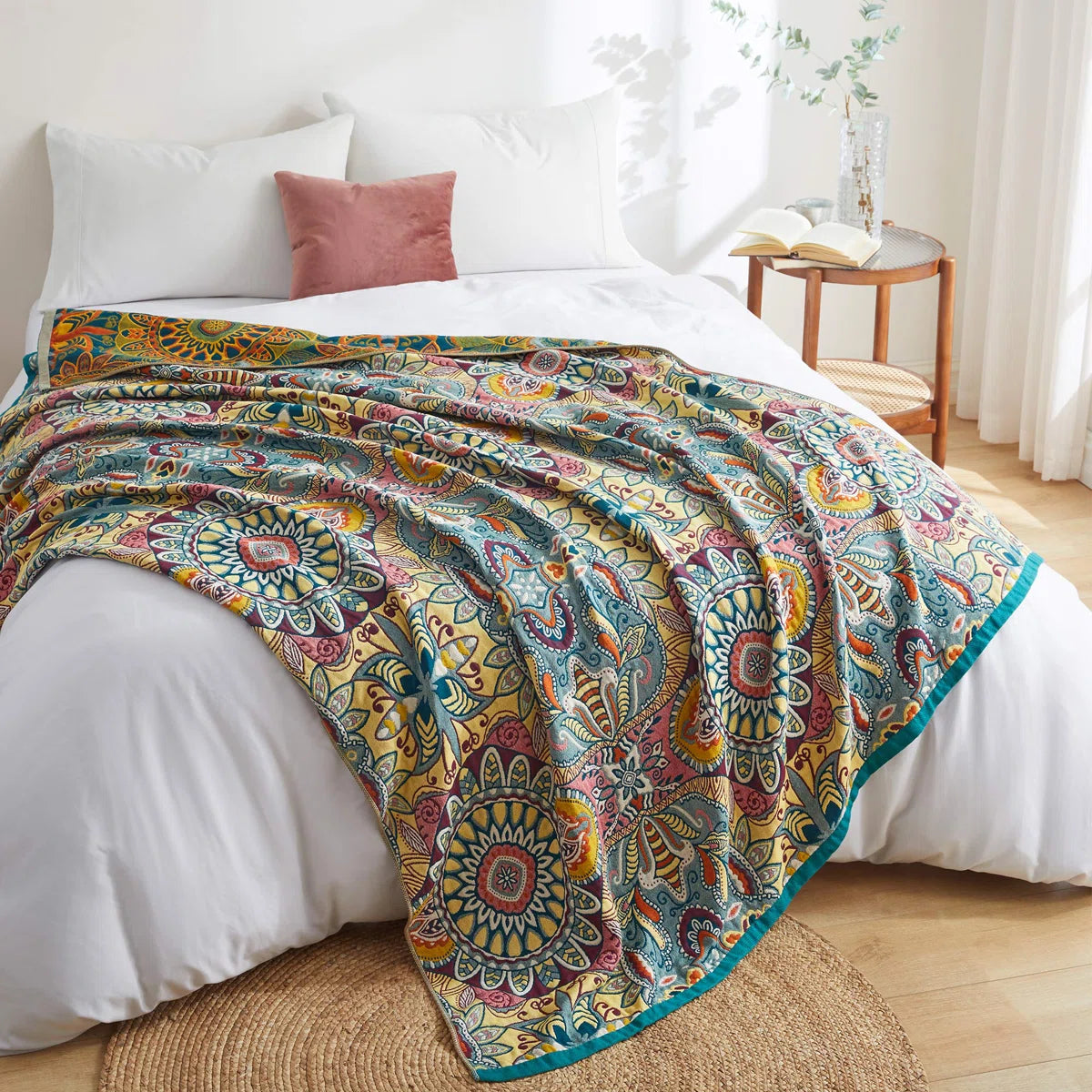 100% Natural Cotton Throw Blanket, Soft Breathable Woven Boho Throw for Couch, Sofa & Bed - Decorative Farmhouse Knit Blanket