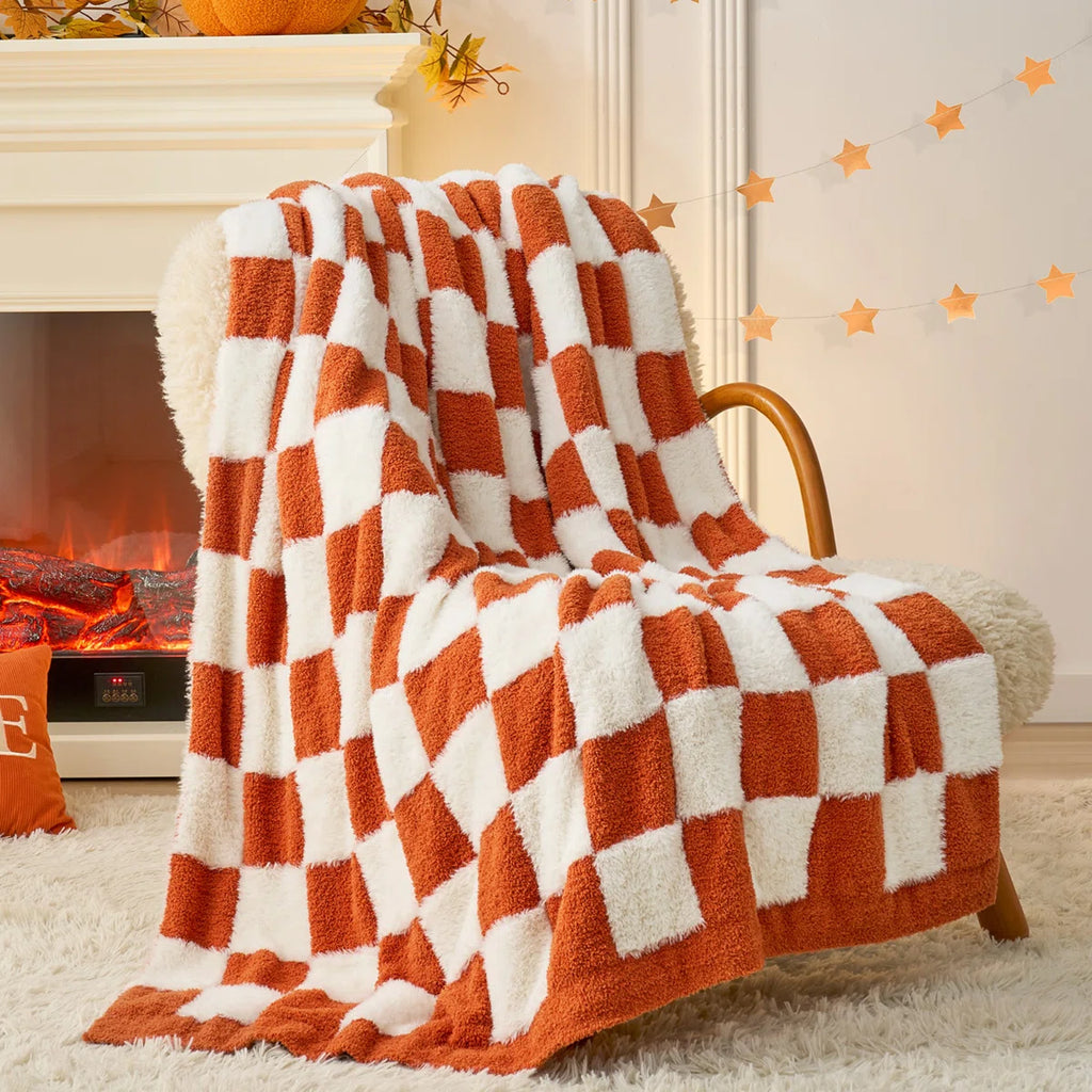 Snuggle Sac Faux Fur Checkered Blanket, Fluffy Cozy Feather Yarn Blend Blankets For Couch Or Bed