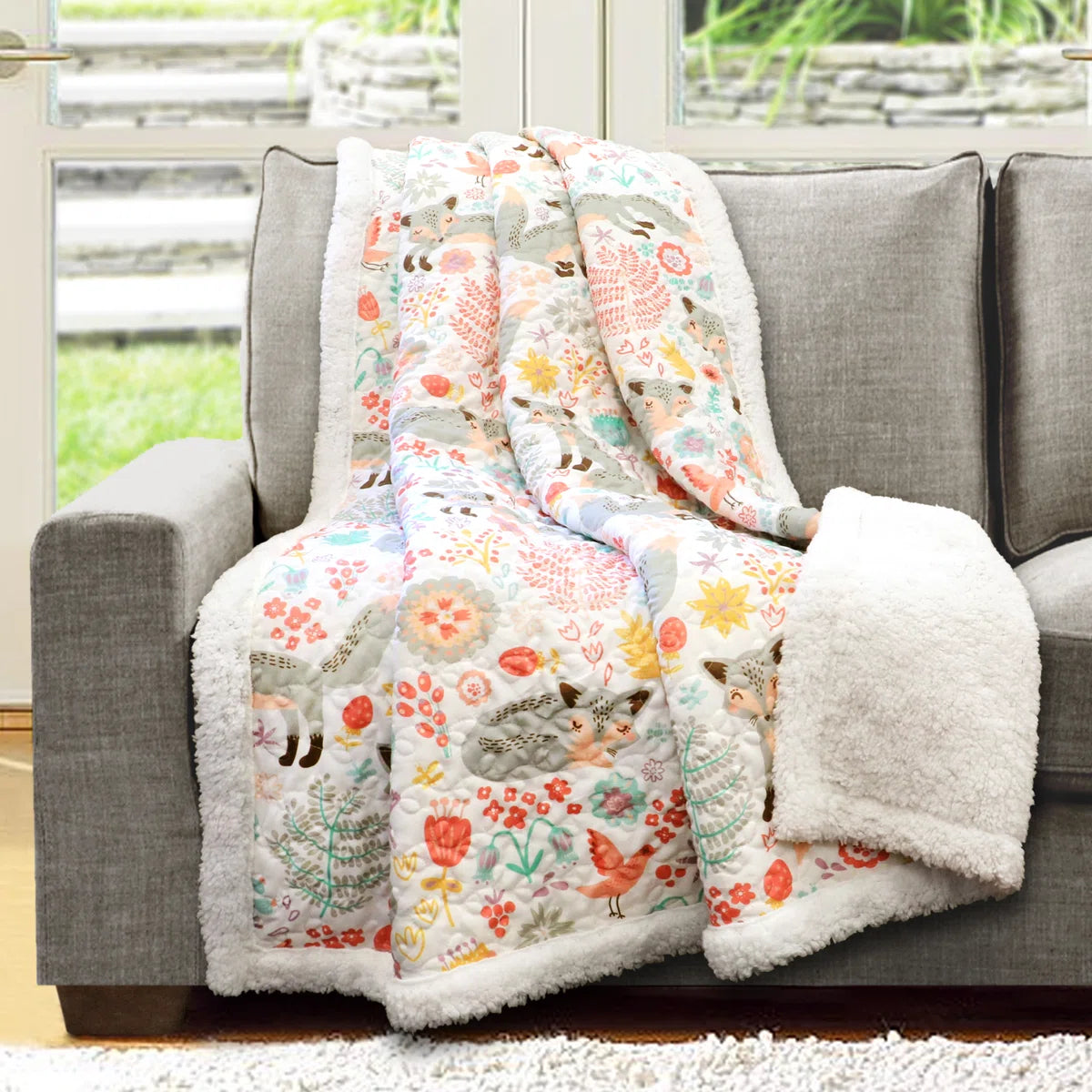 Lush Decor Pixie Fox Sherpa Fleece Floral Throw Blanket
